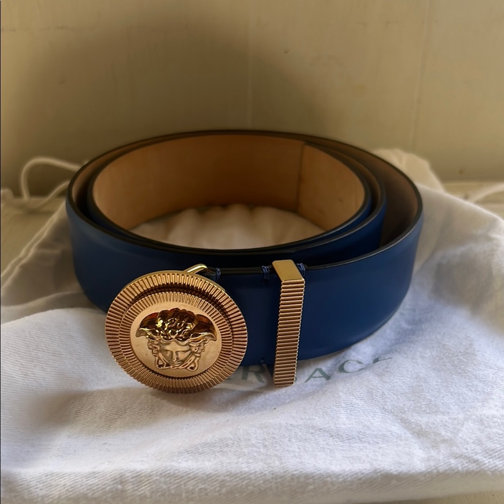 Versace Navy and Gold Medusa Buckle Belt